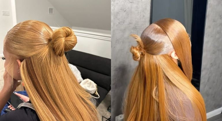 Honey Blonde Half Up Top Knot