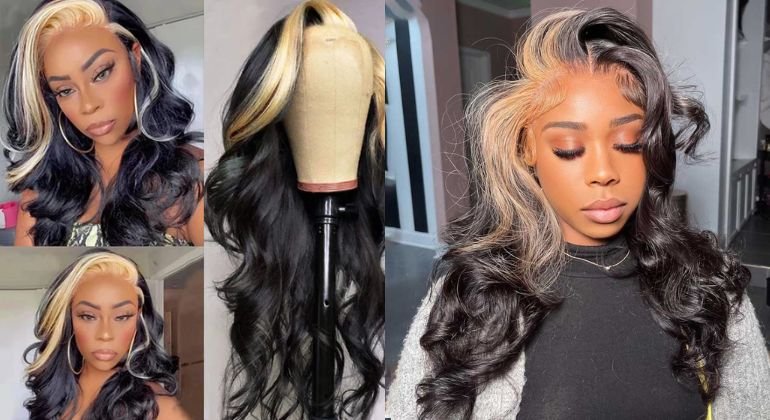 Skunk Stripe Blonde Highlights Body Wave Wig